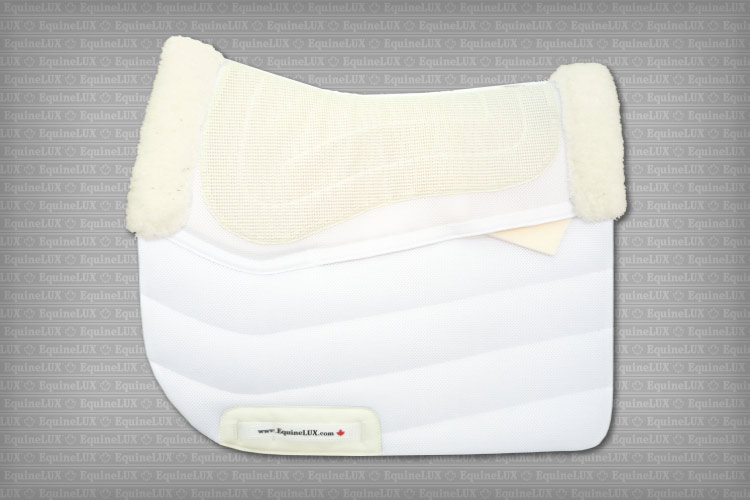 English saddle pads - PRESSURE-RELIEVING non-slip Dressage saddle pad with pockets for shims combined sheepskin / cotton lining and sheepskin pommel roll and cante roll