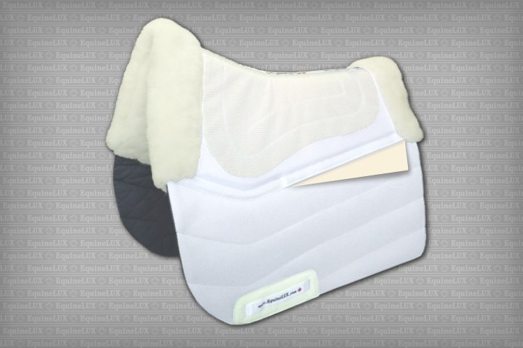Dressage saddle pad with sheepskin lining, sheepskin pommel roll, sheepskin cantle roll, and pockets for shims