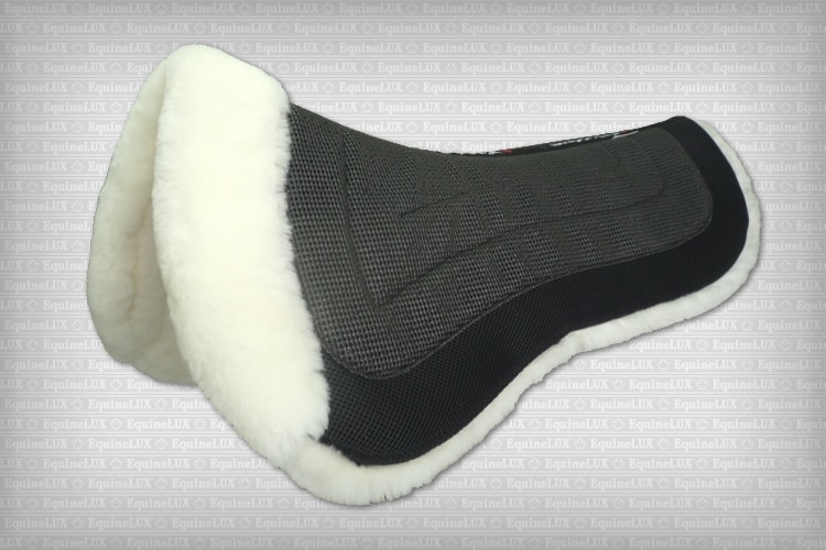 Adjustable Dressage sheepskin half pad (white on black) with sheepskin lining (underside) pommel roll and pockets for shims