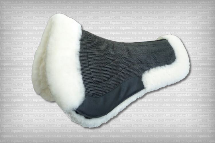 Sheepskin half pad with sheepskin pommel roll, sheepskin cantle roll, and pockets for shims