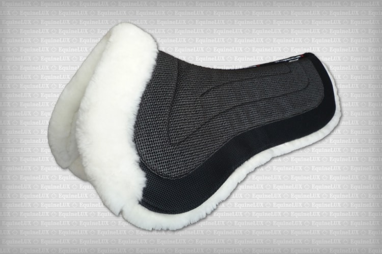 Adjustable Jumper sheepskin half pad (white on black) with sheepskin lining (underside) pommel roll and pockets for shims